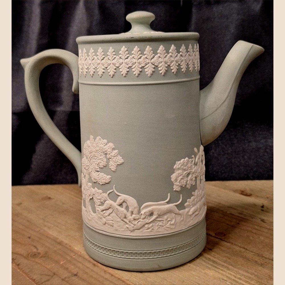 Wedgwood Sage Green Jasperware Coffee Pot White Bas-Relief Hunt Scene Stoneware